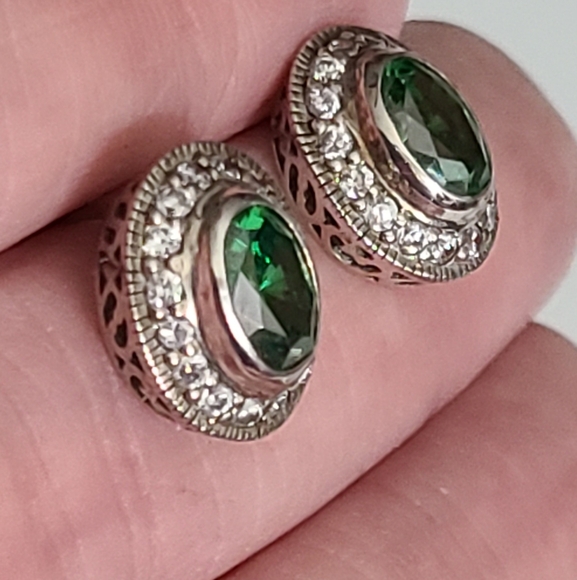925 sterling green tourmaline diamonds earrings vintage sparkly - Picture 3 of 11